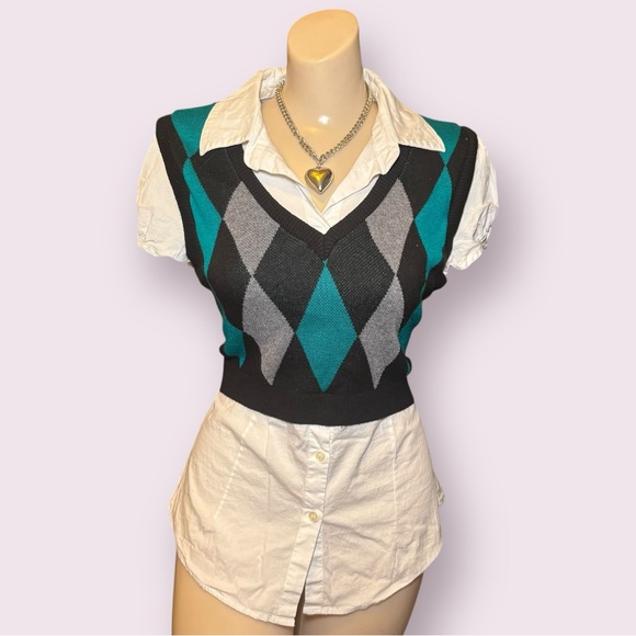 Vintage 90s Y2K Preppy Office Siren Button Down Top with Cropped Argyle Sweater - Picture 1 of 10